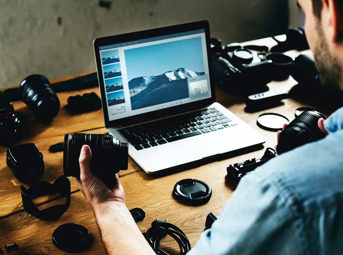 mann mit fotoequipment am laptop